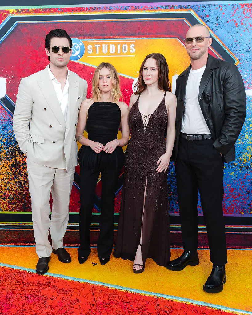 David Corenswet, Milly Alcock, Rachel Brosnahan, and Nicholas Hoult at the Supergirl World Premiere. Credit: David Jon / Getty Images 