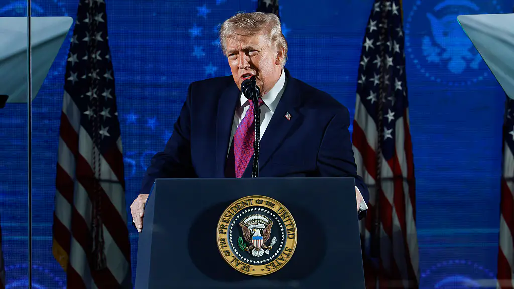 Donald Trump addressed the nation in a campaign-style speech, claiming to bring the US to new levels. Credit: Chip Somodevilla/Getty Images
