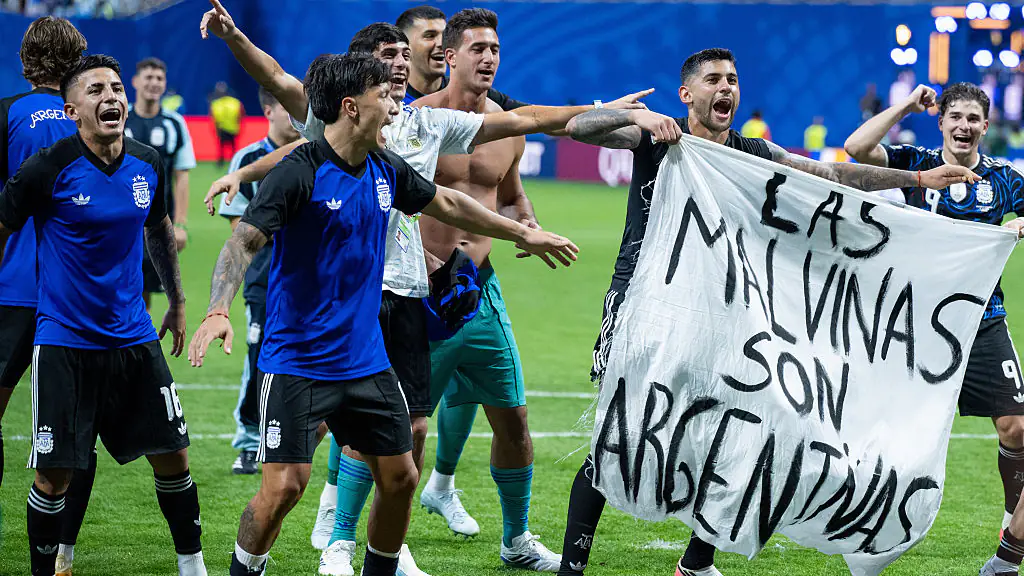 Argentina could be fined by FIFA after brandishing a controversial banner after their World Cup semi-final victory over England. Credit: Sebastian Frej/Getty Images