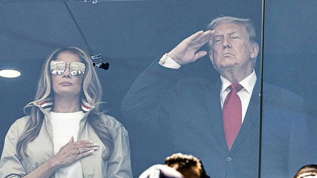 First Lady Melania Trump wearing large protective sunglasses at the World Cup final. 