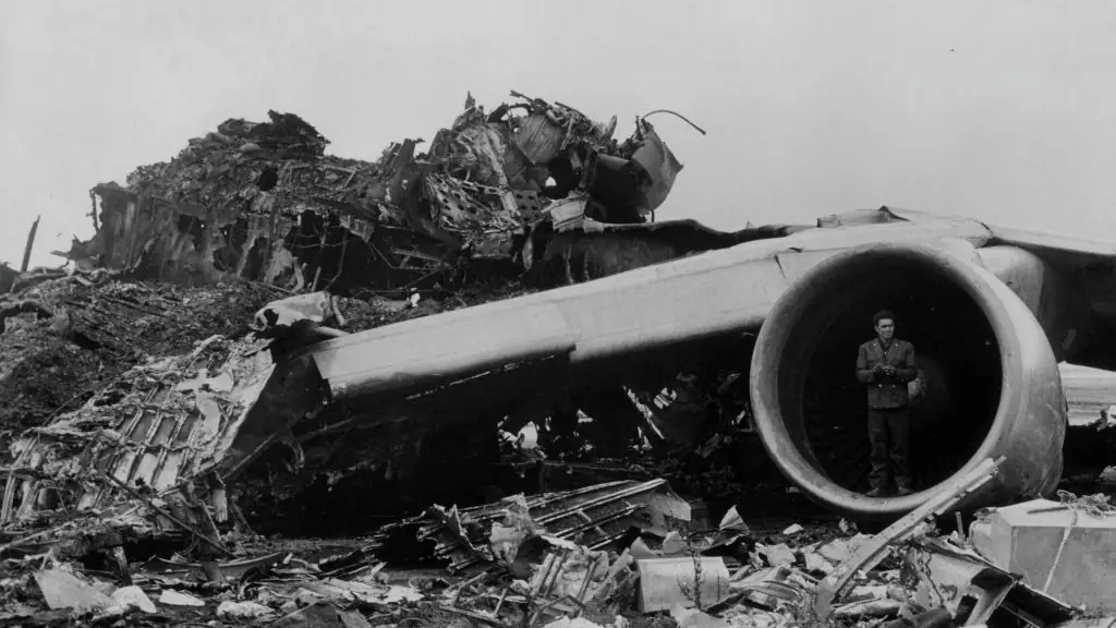 Mass of wreckage on the runway at Santa Cruz airport, Tenerife after 747 Jumbo Jets belonging to Pan-Am and KLM collided. 562 people died. (