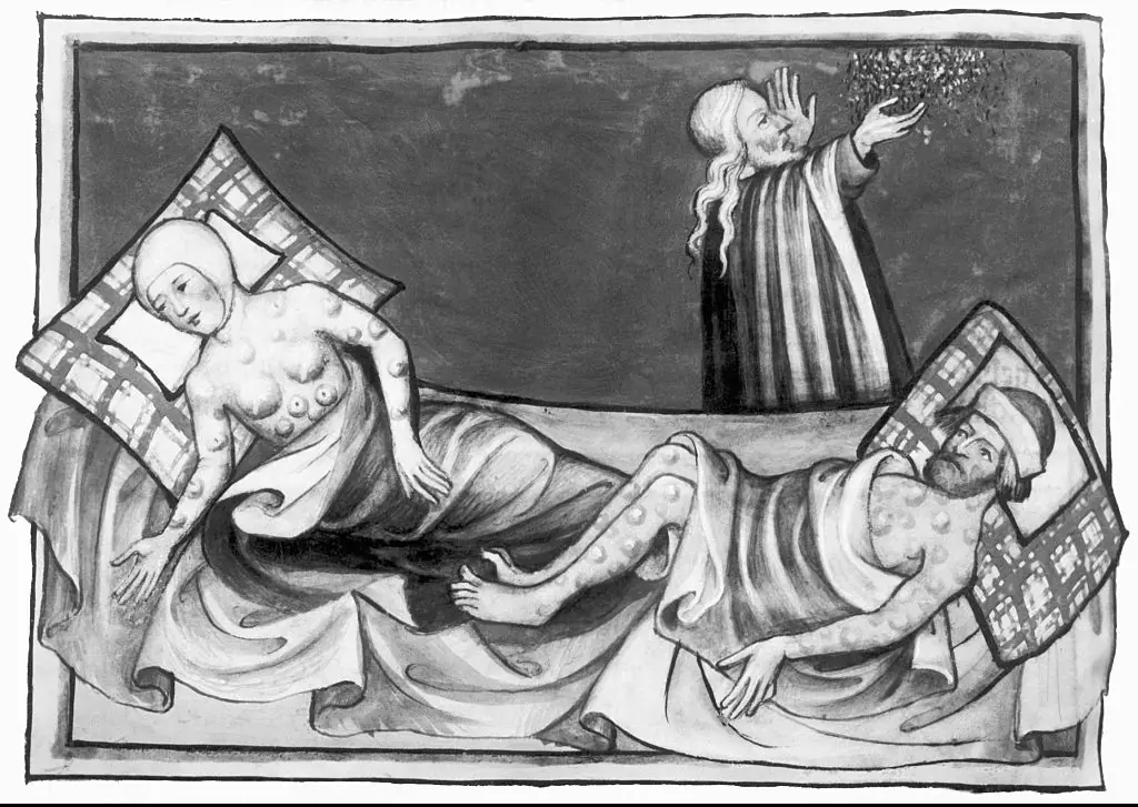 Painting shows a scene of people suffering from the bubonic plague in the 15th century from the Toggenberg Bible. Credit: Bettmann / Contributor