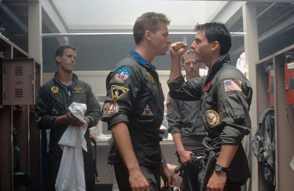 Kilmer and Cruise on the set of Top Gun. Credit: Paramount Pictures/Sunset Boulevard/Corbis via Getty Images