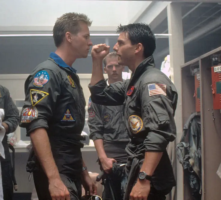 Kilmer and Cruise on the set of Top Gun. Credit: Paramount Pictures/Sunset Boulevard/Corbis via Getty Images