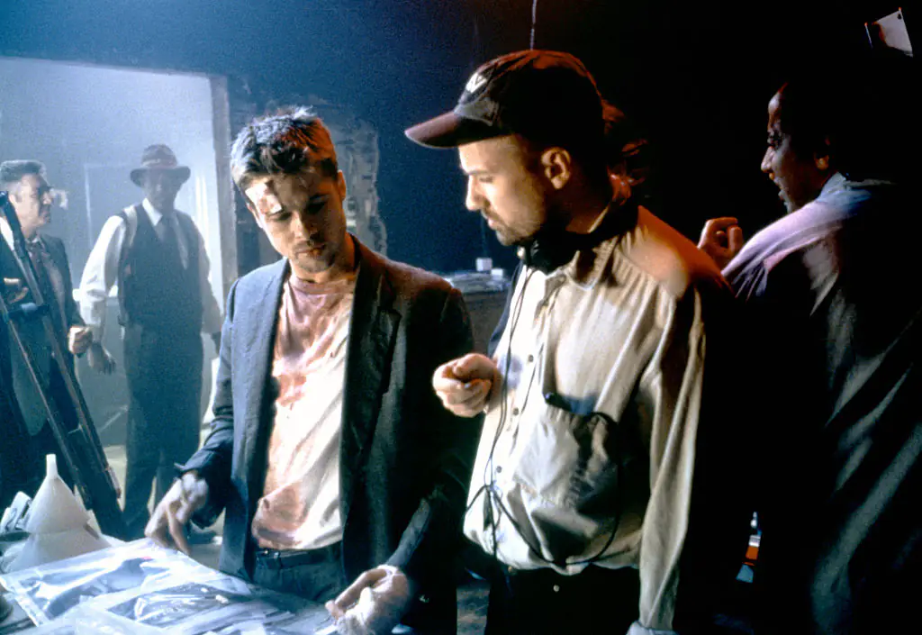 Brad Pitt with director David Fincher on the set of the movie Se7en. Credit: New Line Cinema/Sunset Boulevard/Corbis via Getty Images
