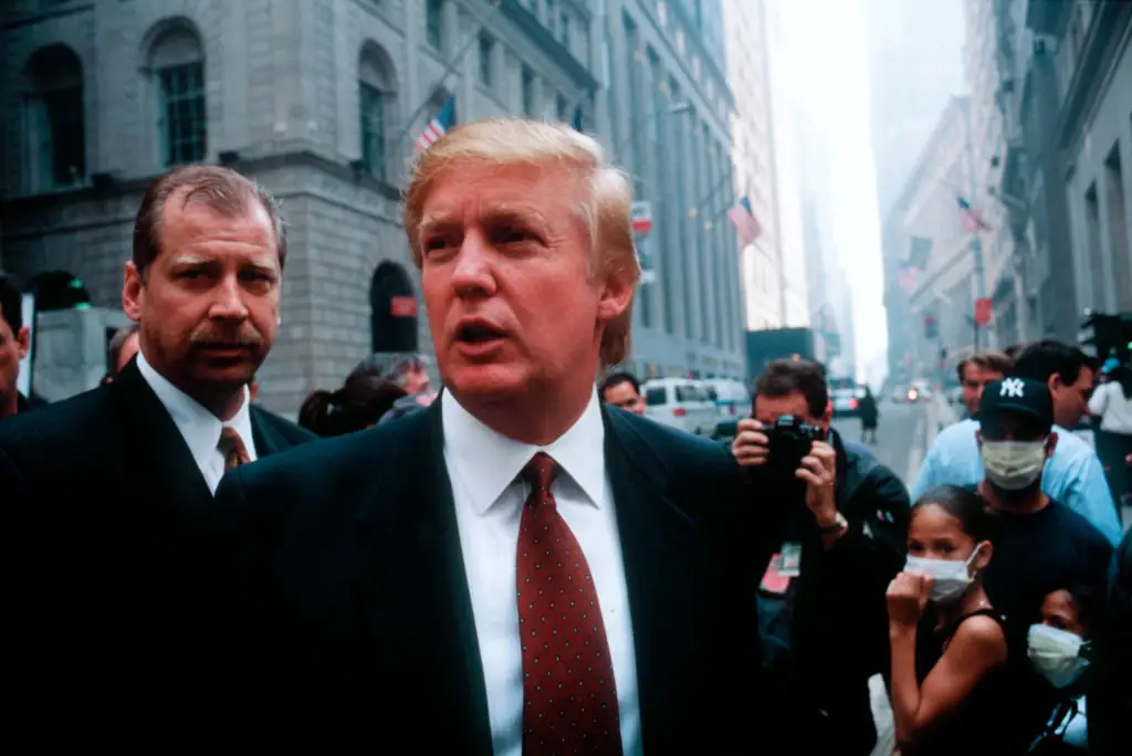Donald Trump pictured visiting the Wall Street and New York Stock Exchange area after9/11 attack on the World Trade Center. Credit: David Butow / Corbis via Getty 