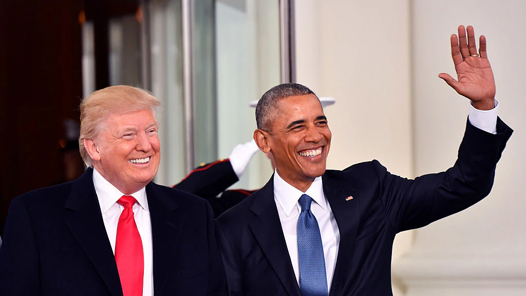 Donald Trump and Barack Obama pictured at Trump's first inauguration, 2017. Credit: Kevin Dietsch-Pool/Getty Images.