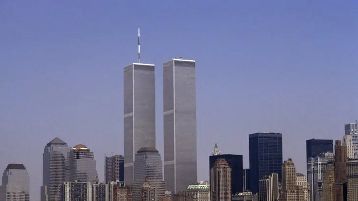 The lower Manhattan skyline featuring the World Trade Center, Twin Towers, New York City, USA - stock photo