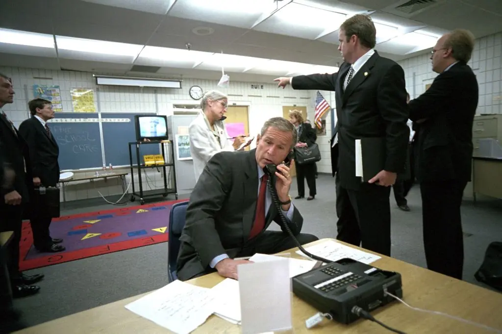 President George Bush and his team reacting to the unfolding events of 9/11 in a Florida classroom.Credit: Donaldson Collection / Getty
