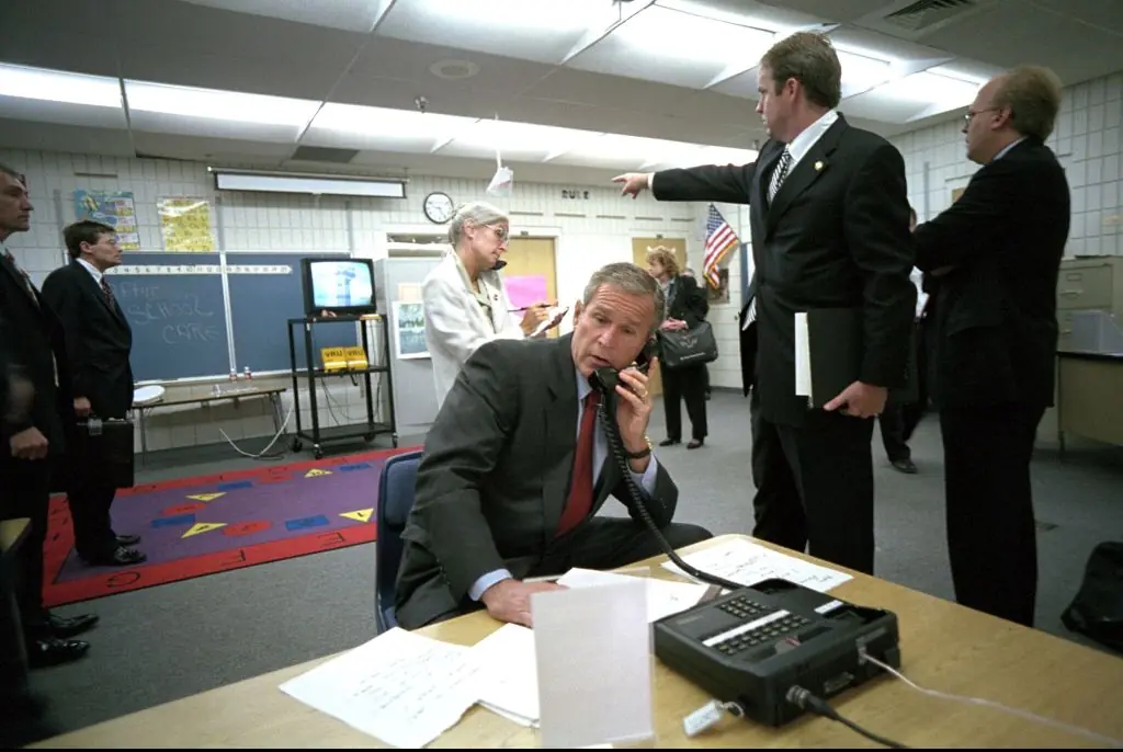 President George Bush and his team reacting to the unfolding events of 9/11 in a Florida classroom.Credit: Donaldson Collection / Getty