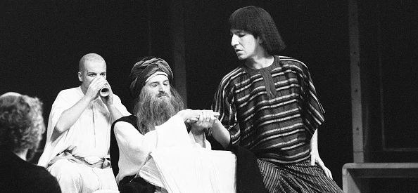 A young Alan Rickman (Far Right) in Antony and Cleopatra at the RSC in Stratford directed by Peter Brook, 3rd October 1978. (Photo by Staff/Mirrorpix/Getty Images)