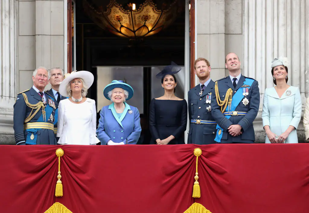 King Charles, Prince Andrew, Camilla, the late Queen Elizabeth II, Meghan Markle, Prince Harry, Prince William, and Princess Catherina. Credit: Chris Jackson / Getty