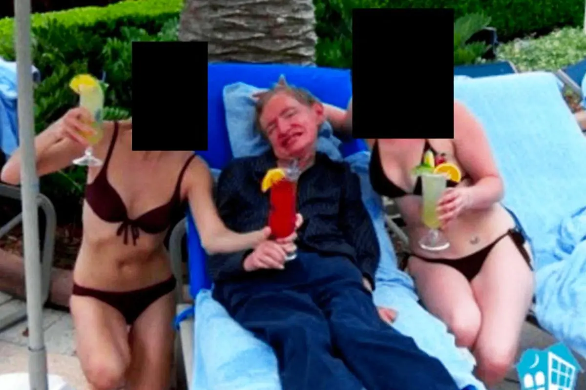 A picture of the late scientist Stephen Hawking lounging between 2 bikini-clad women has been revealed in the Epstein files. Credit: US Department of Justice