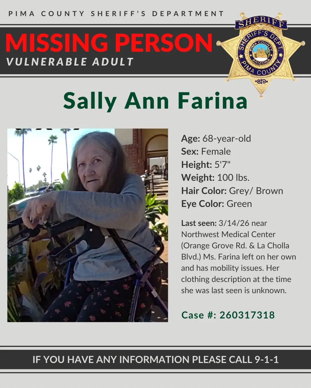 Sally Ann Farina is missing in Pima County. Credit: Pima County Sheriff's Office
