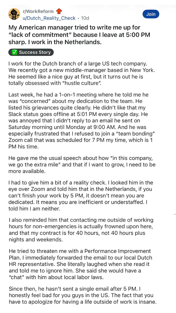 The post by user Dutch_Reality_Check posted into subreddit r/WorkReform 