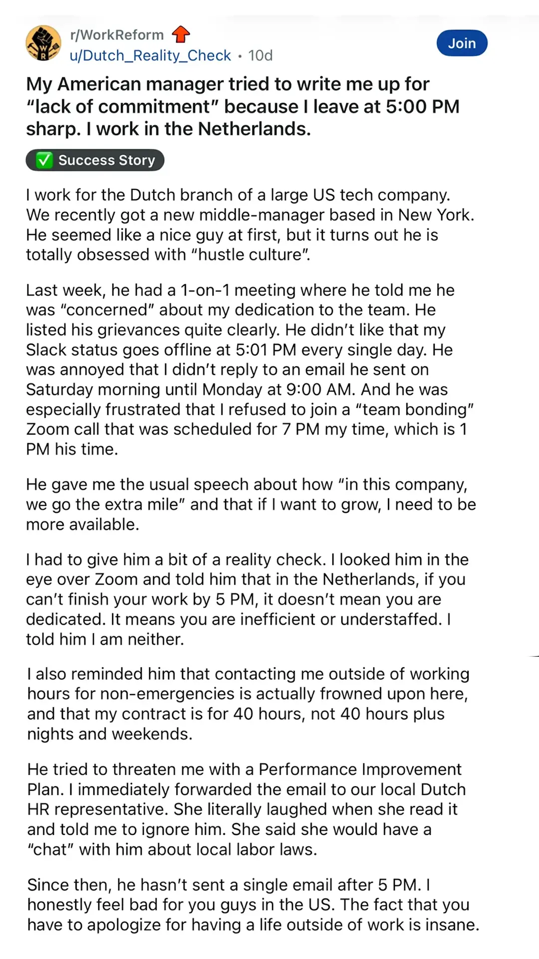 The post by user Dutch_Reality_Check posted into subreddit r/WorkReform 
