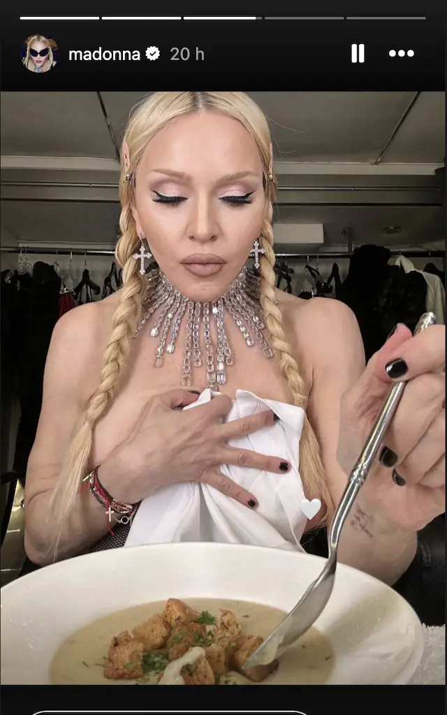 Madonna shared a topless picture of her eating soup on her Instagram story. Credit: Instagram