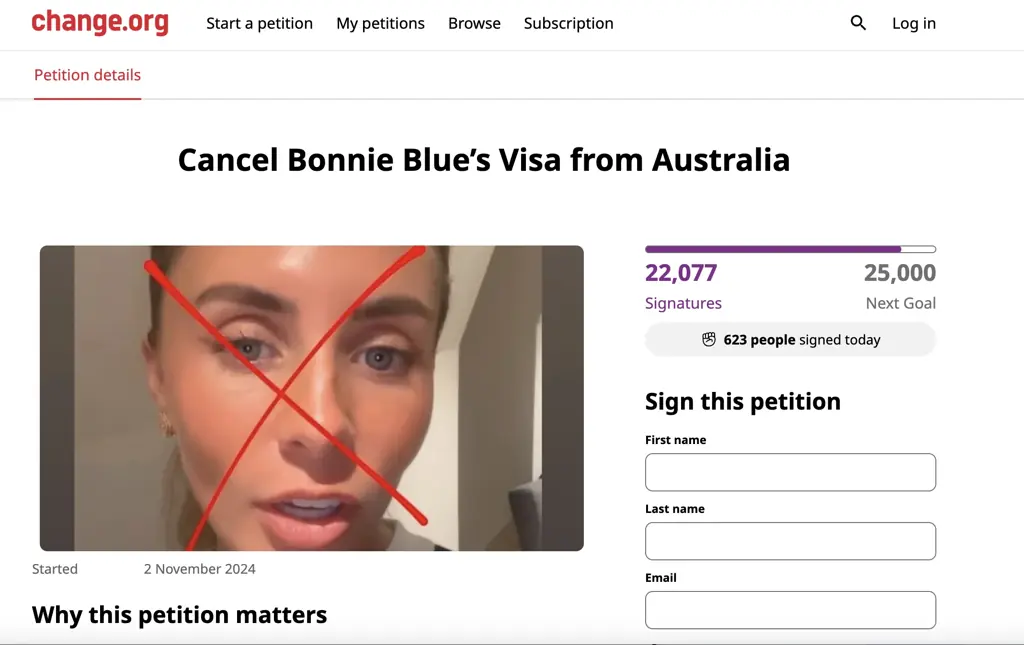 Over 22,000 people have signed a petition to have Bonnie Blue's Australian visa canceled. Credit: Change.org