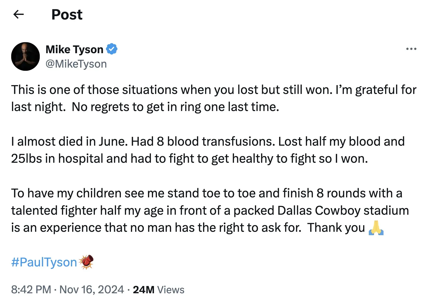 Mike Tyson opened up about his near-death experience. Credit: X