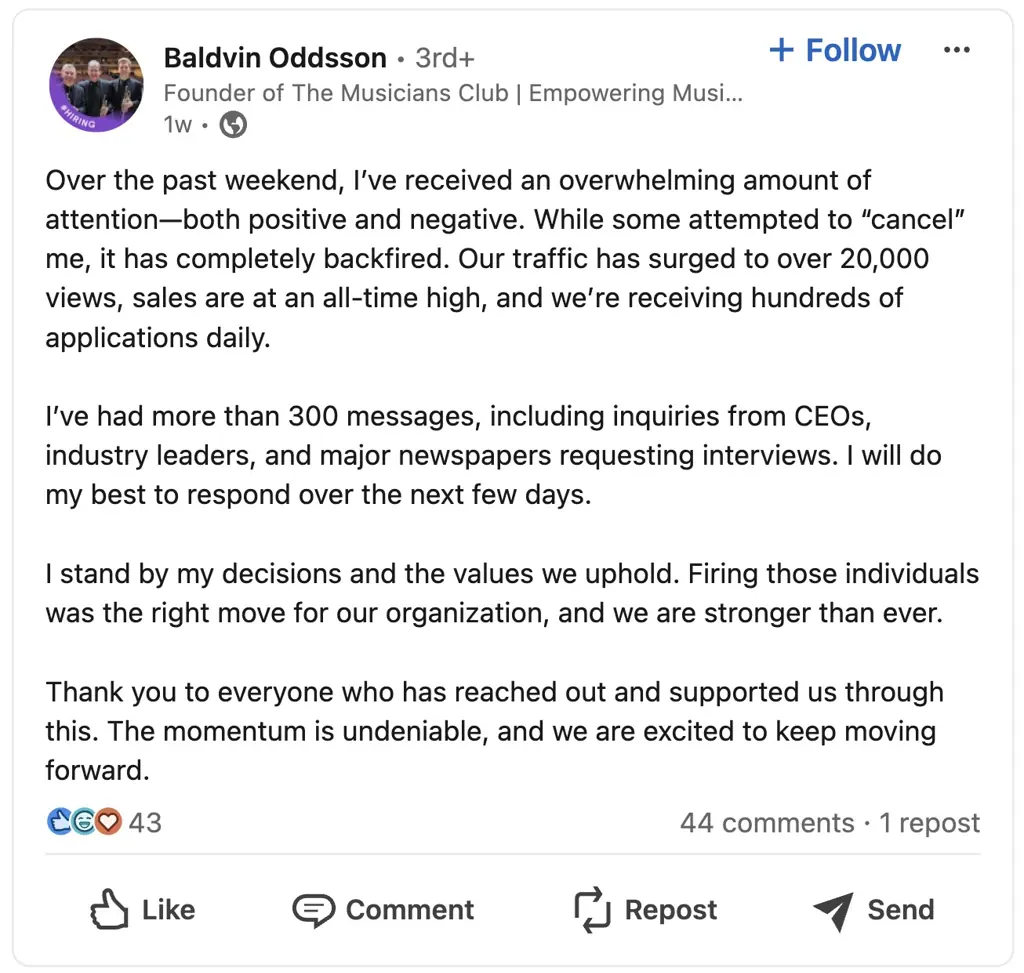 Oddson's message on LinkedIn. Credit: LinkedIn (Screenshot)