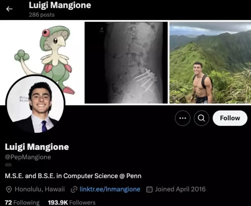 Mangione's X profile. Credit: X/GameFreak (Screenshot)