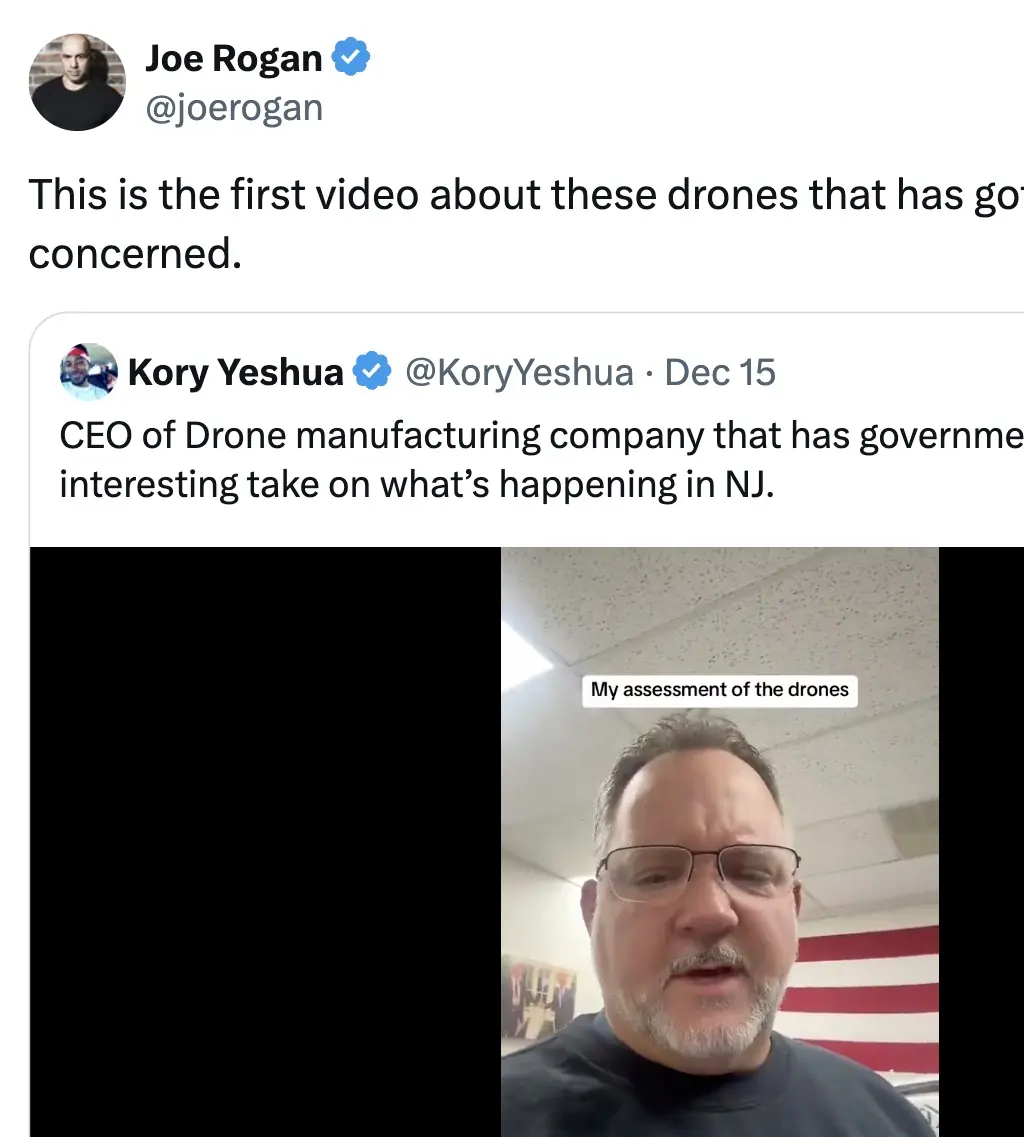 Joe Rogan has revealed he is "genuinely concerned" about the recent drone sightings and theories. Credit: X (Screenshot)