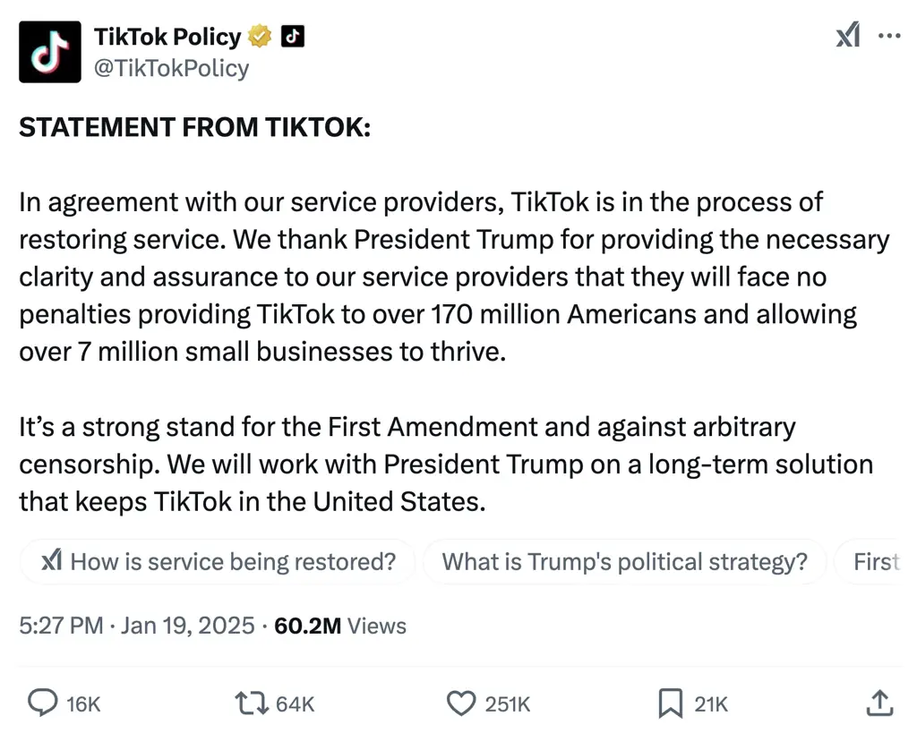 TikTok thanked incoming president Donald Trump for his help getting the service back online.