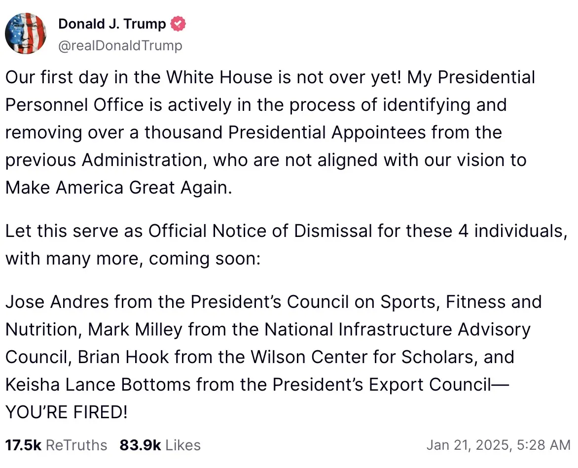 Trump's scathing public firings were announced on Truth Social. Credit: Truth Social