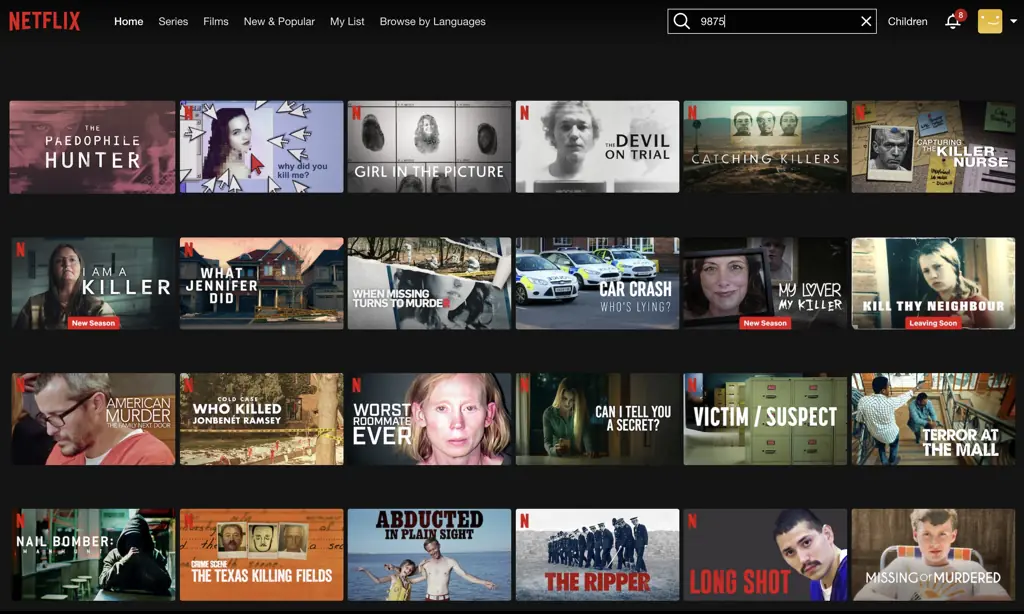 Typing in code 9875 will serve you Netflix's incredible True Crime library. Credit: Netflix (Screenshot)