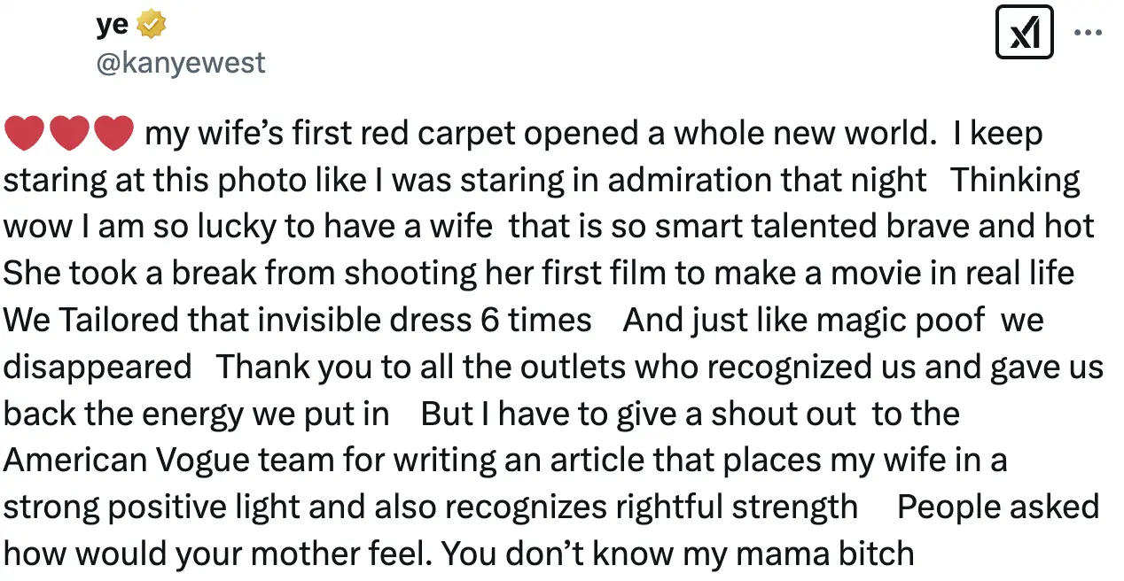 In a statement shared on social media, West expressed his admiration for Censori's courage and the meticulous effort behind her outfit. Credit: X