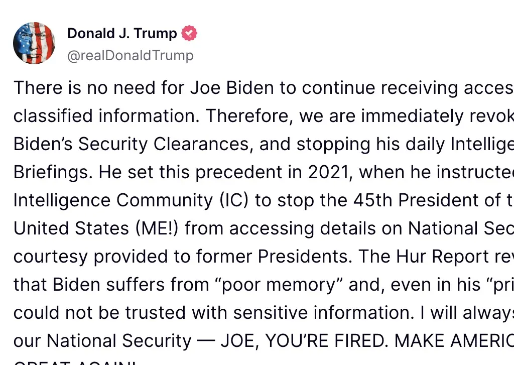 Trump made the announcement in a Truth Social post. Credit: Truth Social (Screenshot)