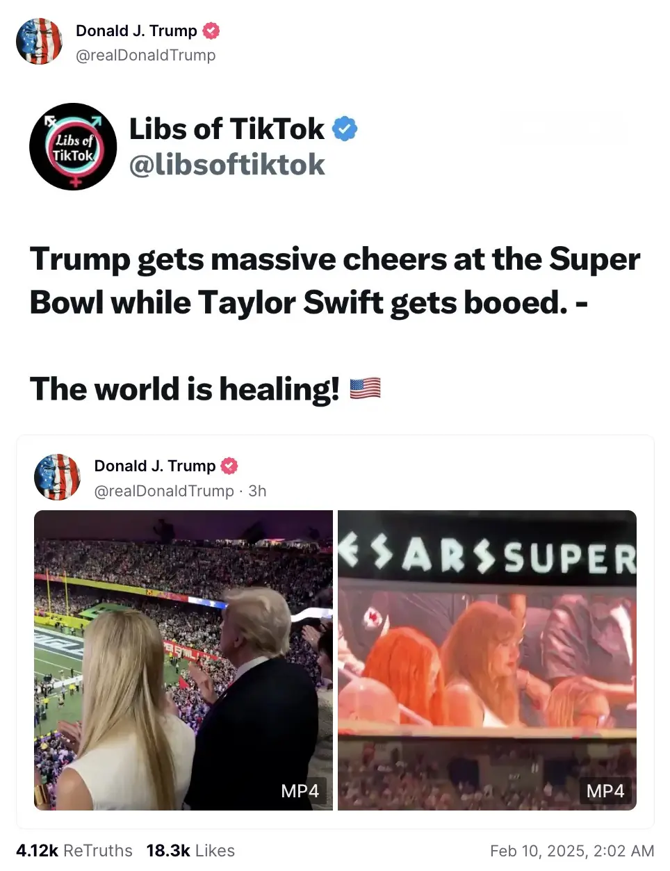 The POTUS wants everybody to know that he was cheered and Swift was booed. Credit: Truth Social