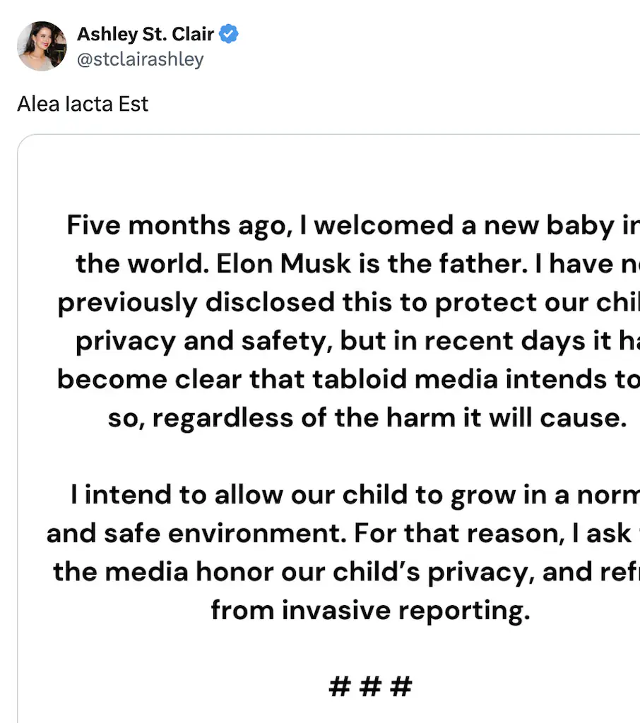Elon Musk welcomed his thirteenth child five months ago, according to author Ashley St. Clair. Credit: X