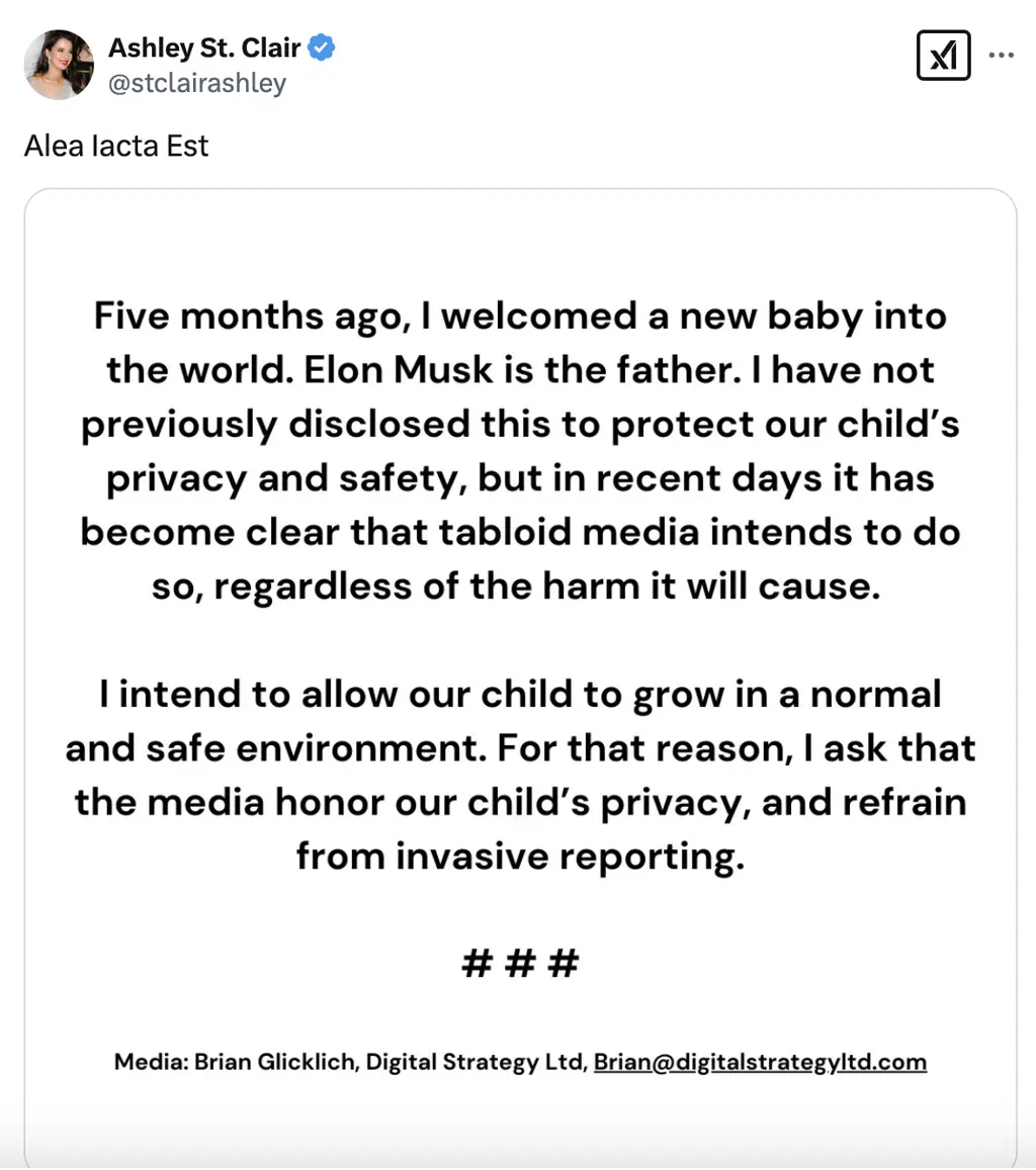 Elon Musk welcomed his thirteenth child five months ago, according to author Ashley St. Clair. Credit: X