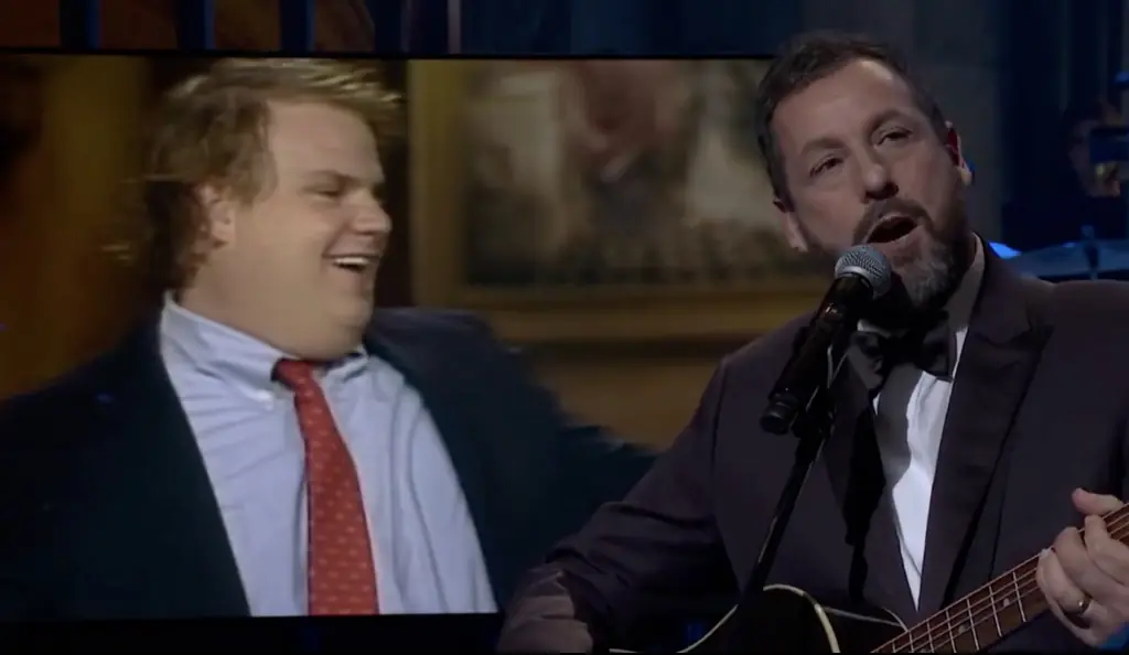 Sandler's voice became caught with emotion when honoring friends Chris Farley and Norm Macdonald, Credit: SNL/NBC/X