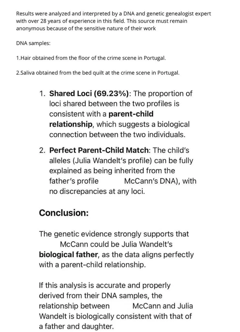A screenshot of Wendelt's alleged DNA test results. Credit: Instagram/amijuliawandelt