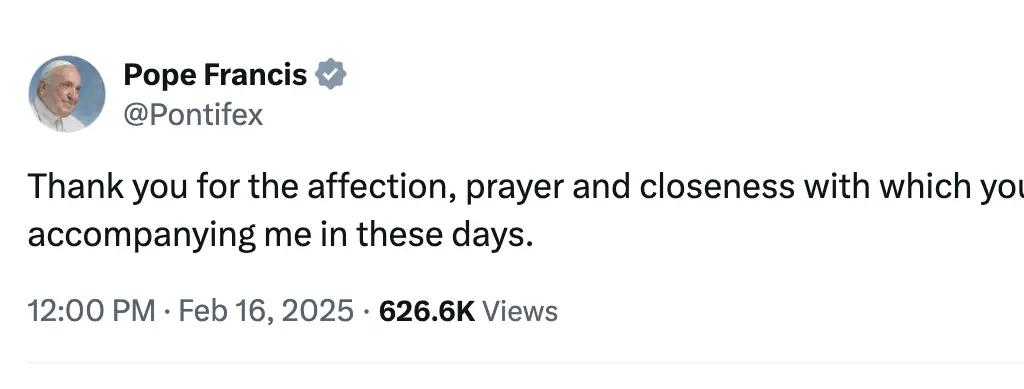 Pope Francis shared a post about his health on X. Credit: X
