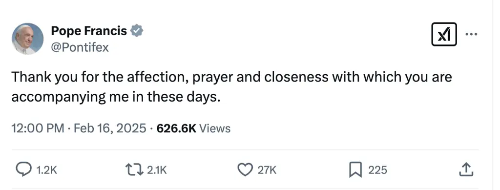 Pope Francis shared a post about his health on X. Credit: X