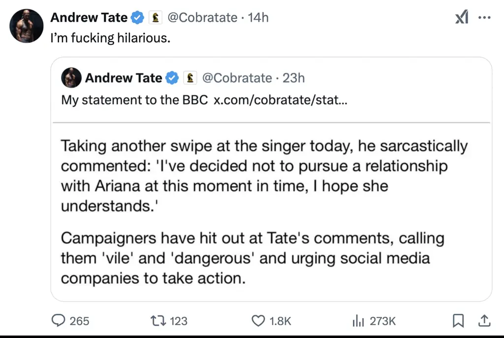 Andrew Tate shared his response to the backlash. Credit: X