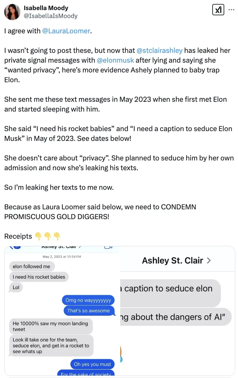 Moody shared a number of messages allegedly from St. Clair. Credit: X