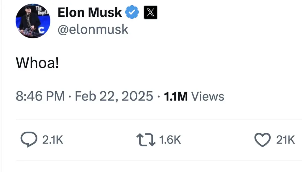 Musk once again responded with just "Woah". Credit: X