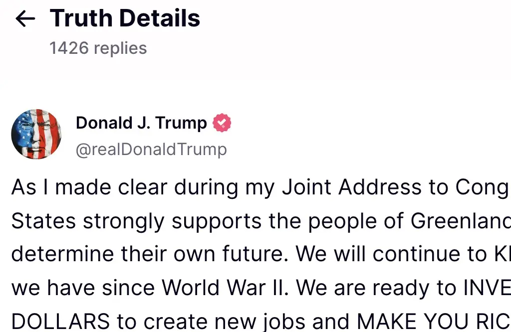 Trump has promised protection and an investment to make Greenlanders "rich". Credit: Truth Social