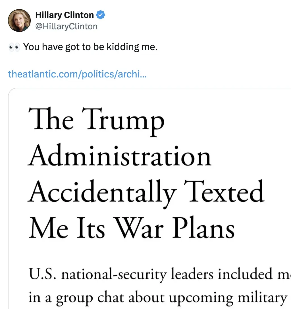 Hillary Clinton shared a scathing response to the news. Credit: Twitter/X