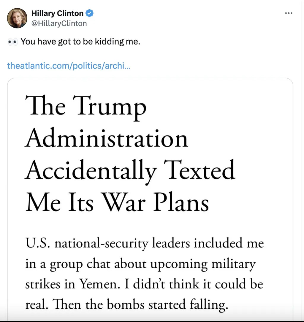 Hillary Clinton shared a scathing response to the news. Credit: Twitter/X