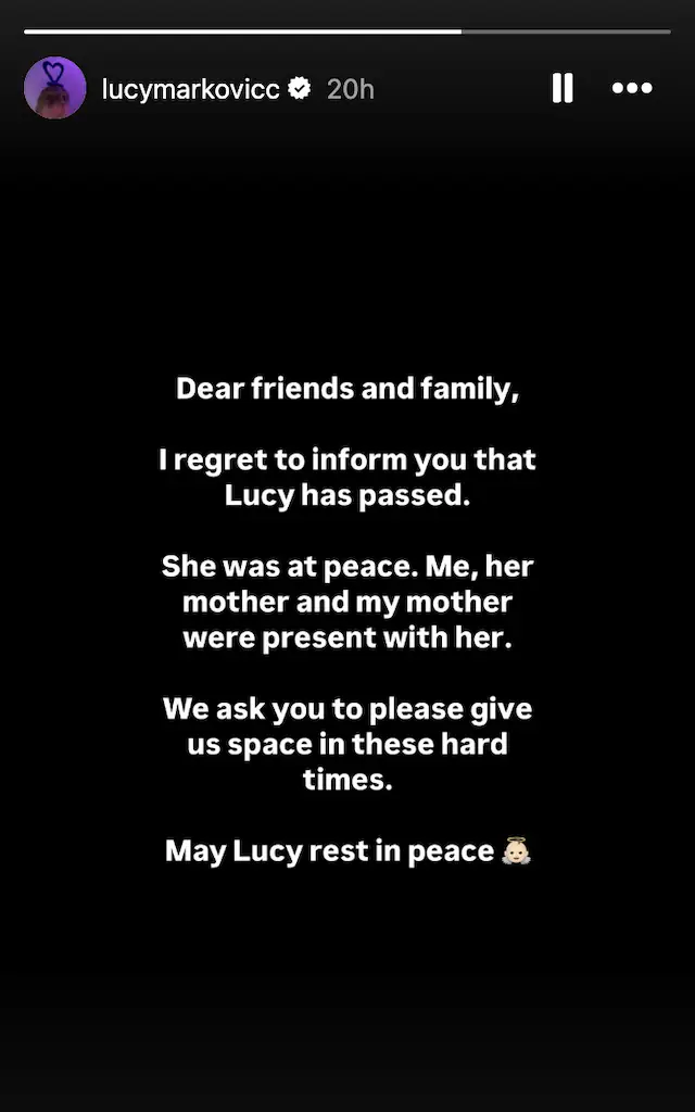 Markovic's partner, Carlos, announced the heartbreaking news in a statement. Credit: lucymarkovicc / Instagram Story
