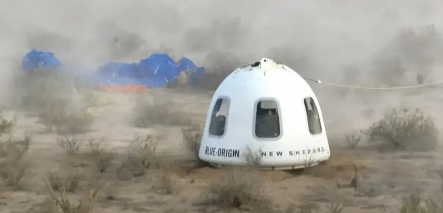 The crew capsule arrived safely back to Earth. Credit: YouTube/Blue Origin