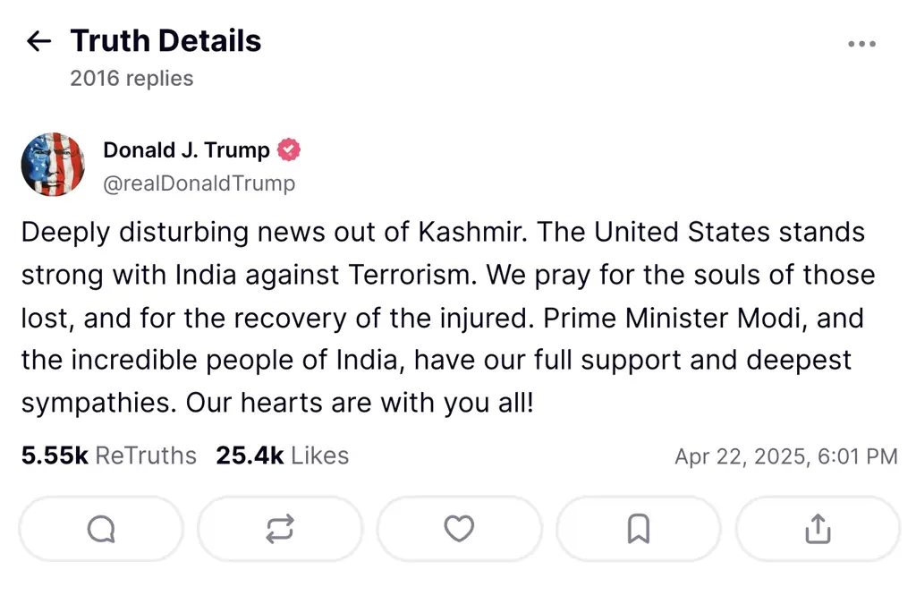 President Donald Trump reacts to the tragedy on social media. Credit: Truth Social