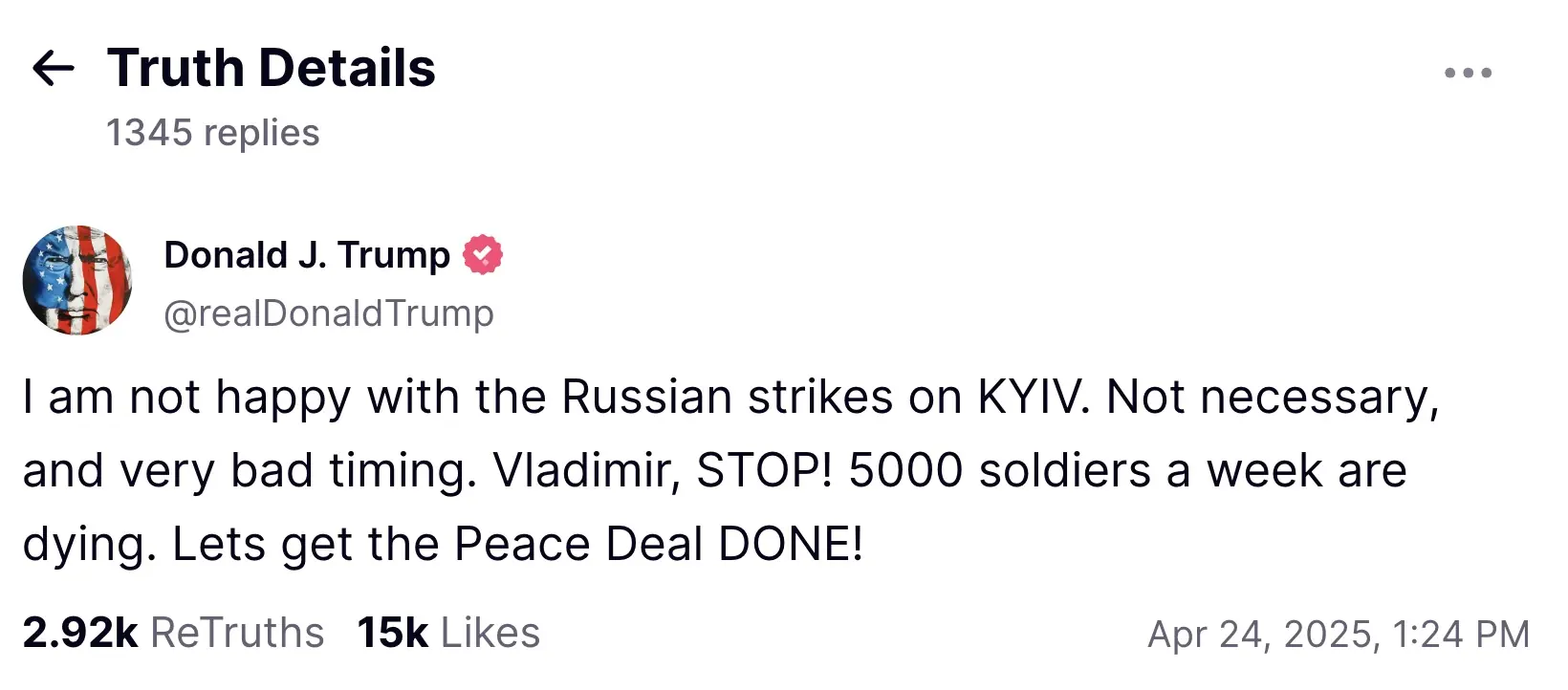 Trump slammed Putin for the strikes. Credit: Truth Social