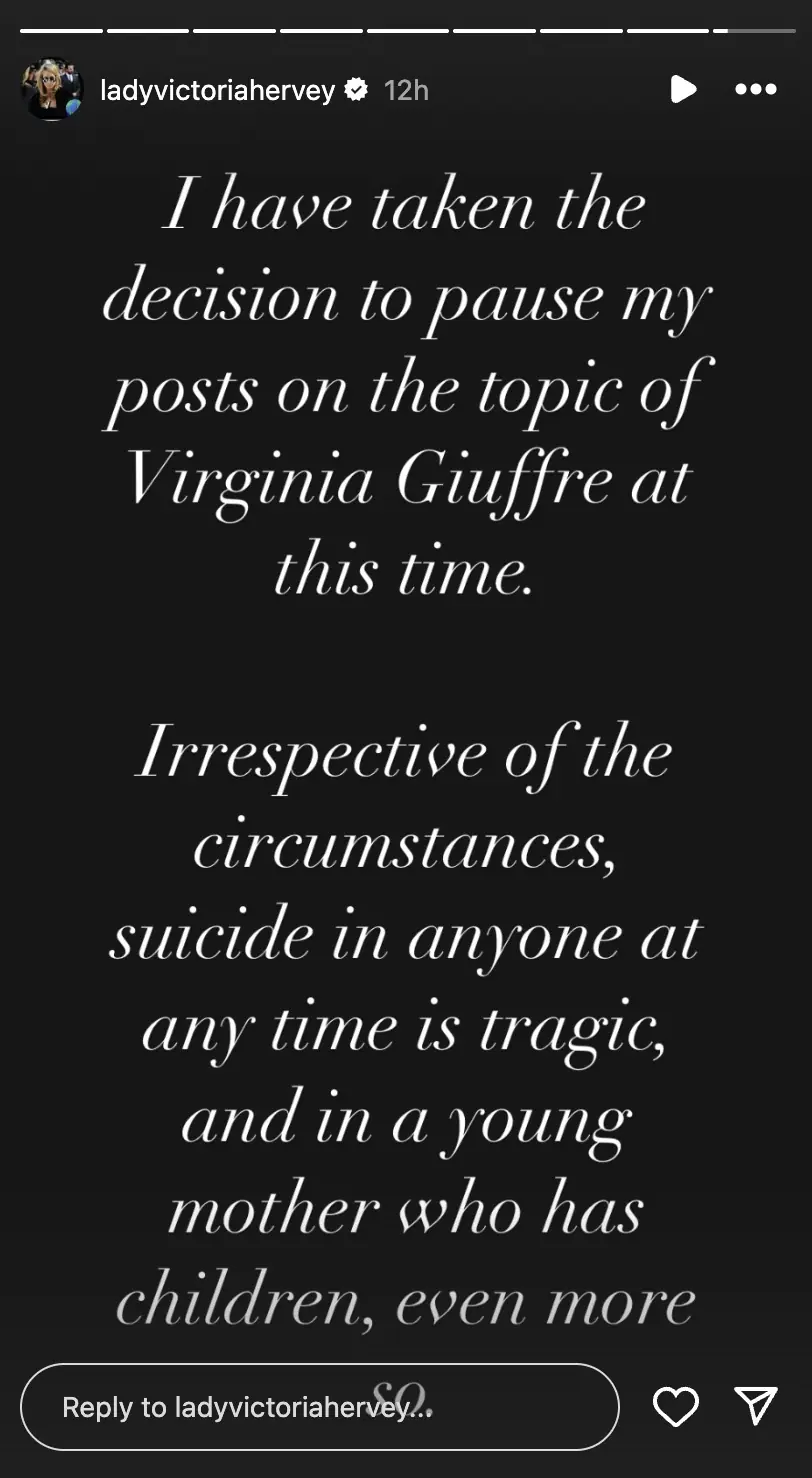 Hervey later stated she would be "pausing" her posts on Giuffre. Credit: Instagram/ladyvictoriahervey