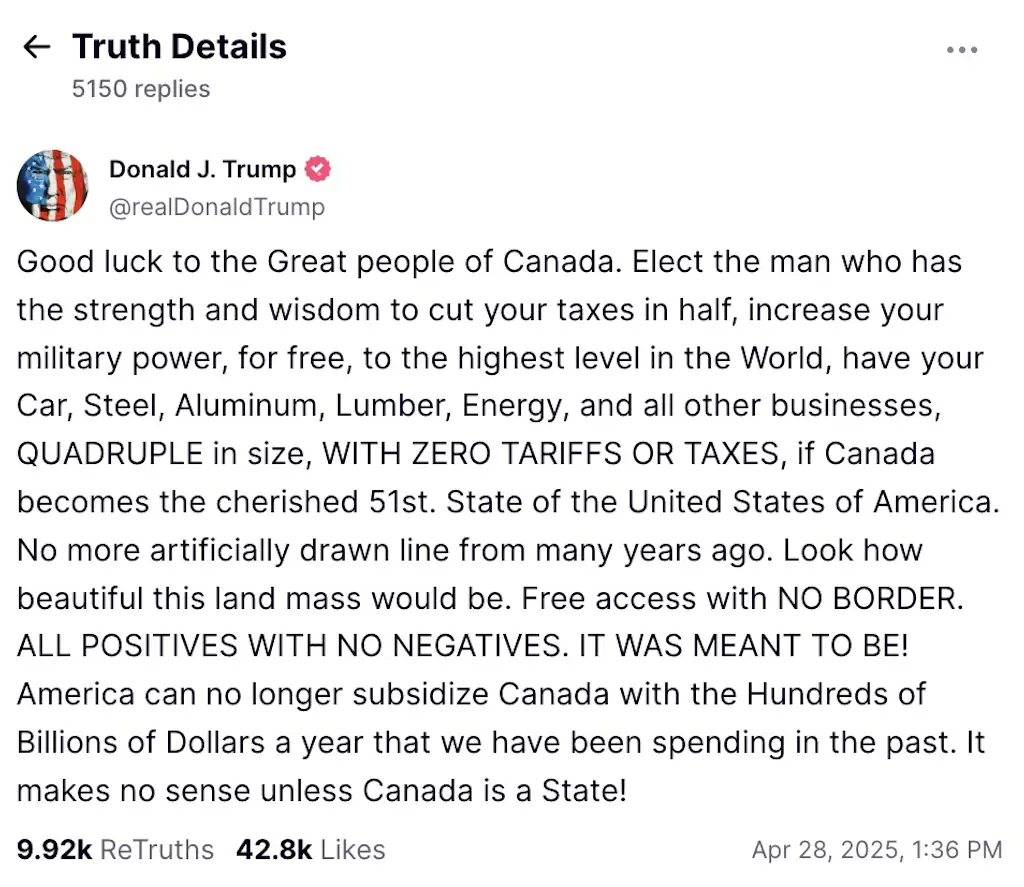 Trump issued a lot of promises to Canada. Credit: TruthSocial